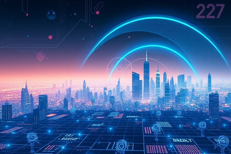 "A futuristic cityscape with a wave-like curve of blue and teal lights rising above a grid of interconnected data nodes, with abstract shapes and lines representing emerging trends and algorithm updat