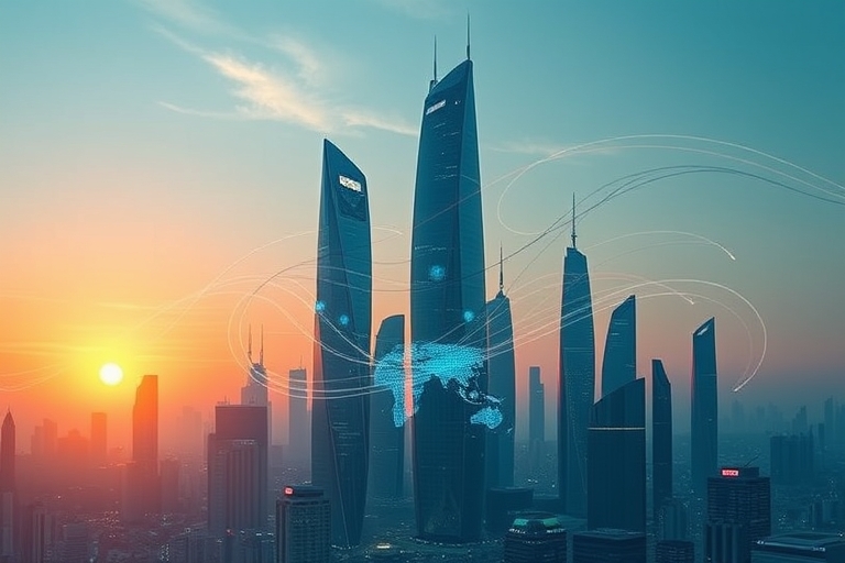 "A futuristic cityscape at sunset, with a subtle gradient of blue and teal hues, abstract data waves and search engine indexes swirling around towering digital skyscrapers, representing evolving SEO s