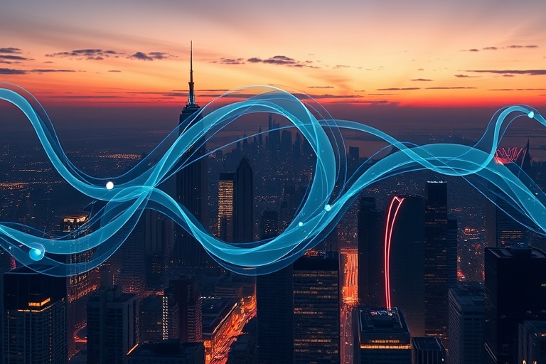"A futuristic cityscape at dusk with skyscrapers and neon lights, represented by swirling blue and teal data streams and abstract shapes, symbolizing the ever-changing landscape of Google Discover and