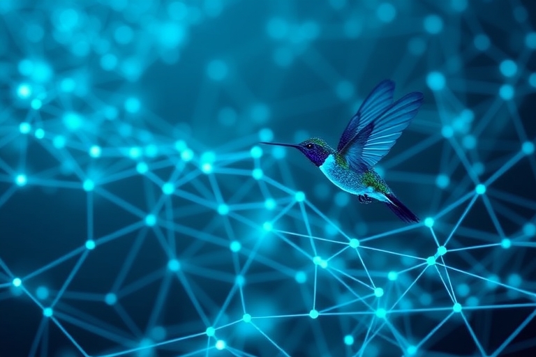 "Google's hummingbird crawlers swoop through a digital landscape, with blue and teal lines and shapes forming a network of interconnected nodes, illustrating increased crawling activity, while a subtl