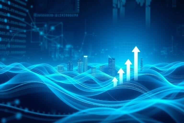 "Digital landscape with swirling blue and teal data streams and abstract waveform patterns, overlaid with subtle city skylines and ascending arrows, conveying growth and optimization."