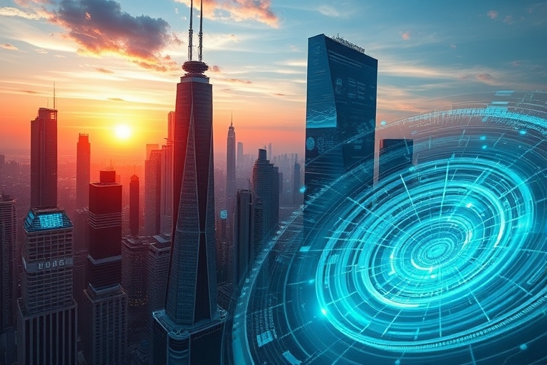 "A futuristic cityscape at sunset, with skyscrapers and digital screens displaying abstract data visualizations in shades of blue and teal, amidst a swirling vortex of algorithmic patterns."