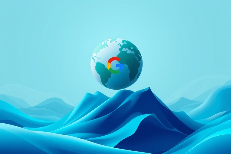 "A stylized digital landscape with a rising 3D globe, surrounded by swirling blue and teal abstract shapes and lines, forming a sense of ascending movement, with a subtle Google logo incorporated into