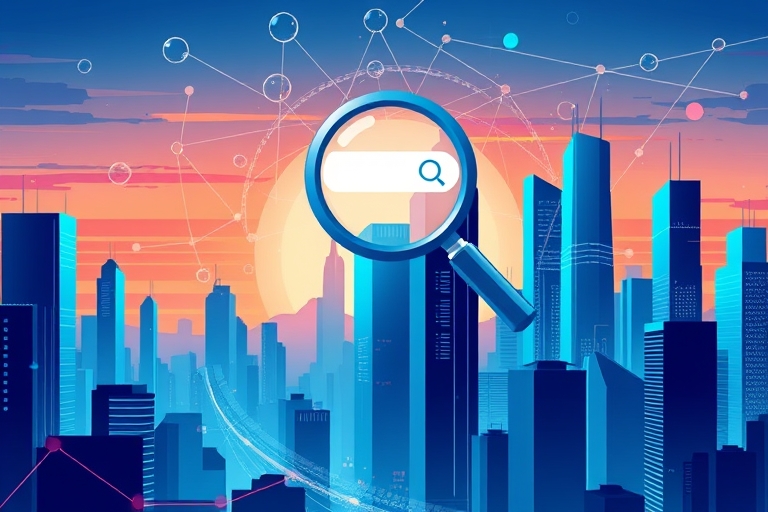 "A stylized, futuristic cityscape at sunset with blue and teal skyscrapers, a search engine magnifying glass hovering above, surrounded by swirling data orbs and abstract lines, representing digital p