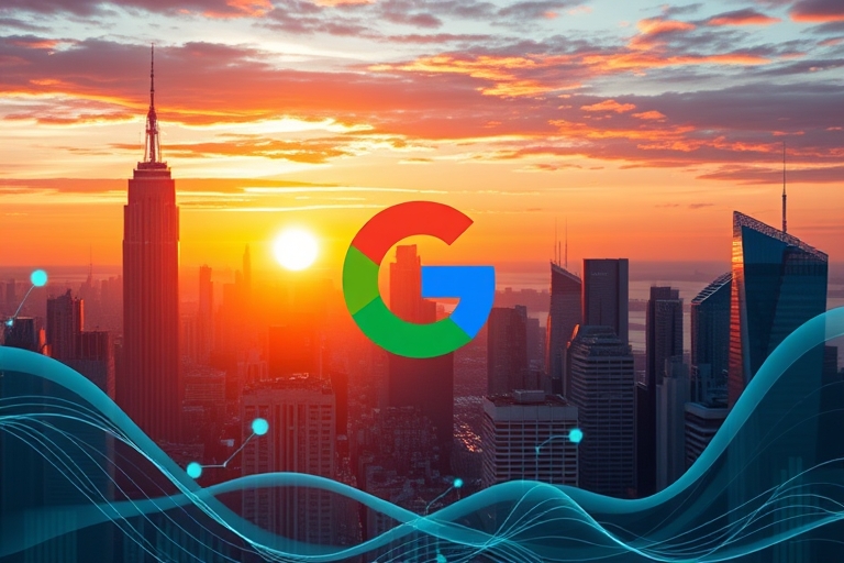 "A futuristic cityscape at sunset with a giant Google logo in the center, surrounded by swirling blue and teal data streams, representing evolving search console metrics, with abstract shapes and line