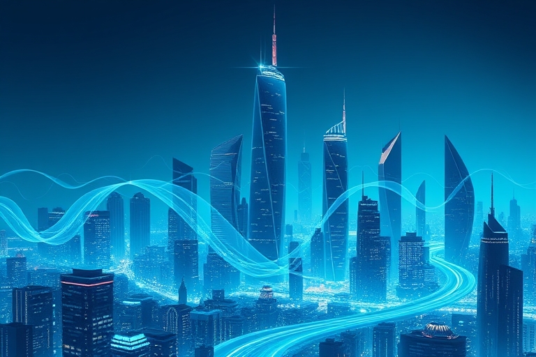 "A futuristic cityscape with ascending skyscrapers and curved lines, represented in shades of blue and teal, with data streams and algorithm waves flowing through the city, symbolizing Google's ever-c