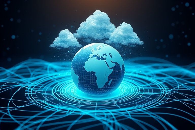 "A digital landscape with a stylized globe at its center, surrounded by swirling blue and teal lines representing search engine crawlers, with abstract data clouds and search rankings rising in the ba