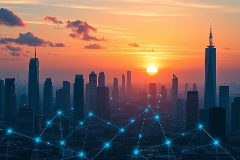 "Digital landscape skyline at sunset with rising connections symbolized by blue and teal circuitry, amidst abstract data clouds and minimalist skyscrapers, hinting at future growth and opportunity."