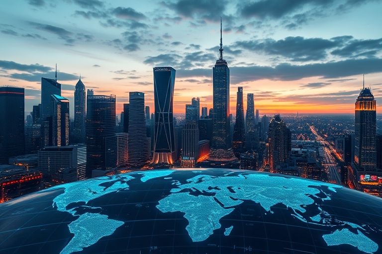"A futuristic cityscape with sleek skyscrapers and neon lights at dusk, with a stylized map of the world in the foreground, overlaid with abstract data visualizations in shades of blue and teal, repre