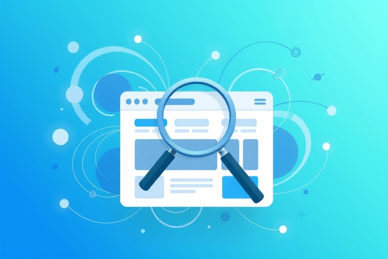 "An infographic-style illustration of a web page with a blue and teal gradient background, surrounded by swirling data streams and abstract shapes, with a magnifying glass hovering above, inspecting t