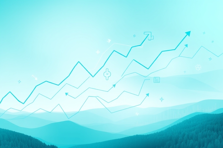"A digital landscape with a faint blue and teal gradient background, overlaid with swirling data streams, arrows, and charts in a soothing teal hue, symbolizing increased click-through rates and websi