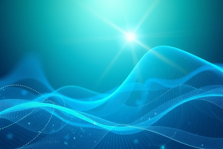 "Abstract waveform background with teal and blue hues, data nodes and circuitry connecting in a spiral pattern, surrounded by subtle, glowing blue lines and highlighted by a burst of radiant, gradient