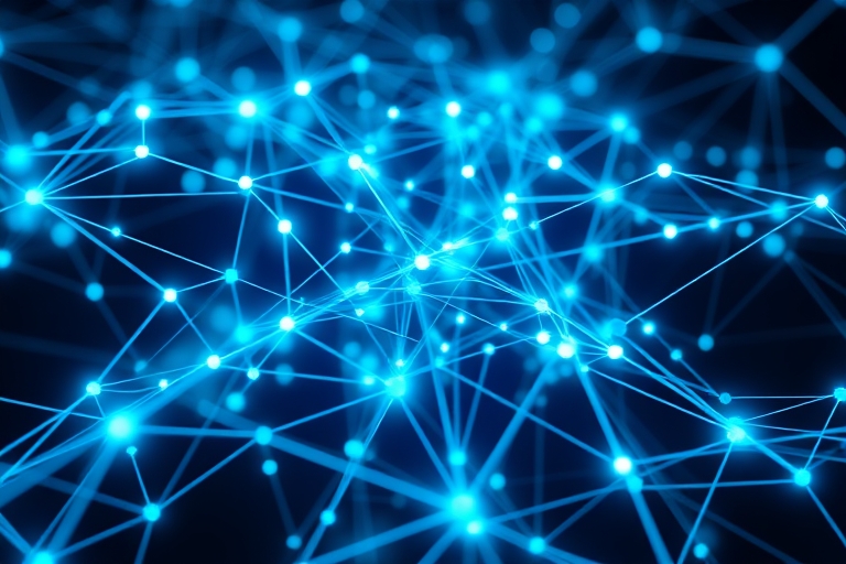 "A stylized, interconnected web of glowing blue and teal lines and nodes, forming a 3D structure that represents a website's internal linking architecture, with subtle gradient effects and a minimalis