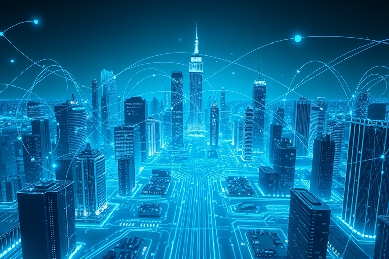 "A futuristic cityscape with interconnected circuit boards and glowing blue lines forming a network, set against a teal background, with abstract data visualizations and swirling patterns representing