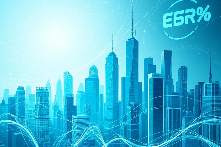 "An abstract cityscape with skyscrapers and lines of code weaving together in a teal and blue gradient, surrounded by swirling data clouds and search engine rankings rising upward"