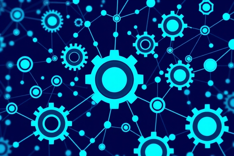 "An abstract illustration of interconnected gears and nodes in shades of blue and teal, forming a web-like structure, with search engine rankings and backlinks highlighted in a bright gradient, set ag