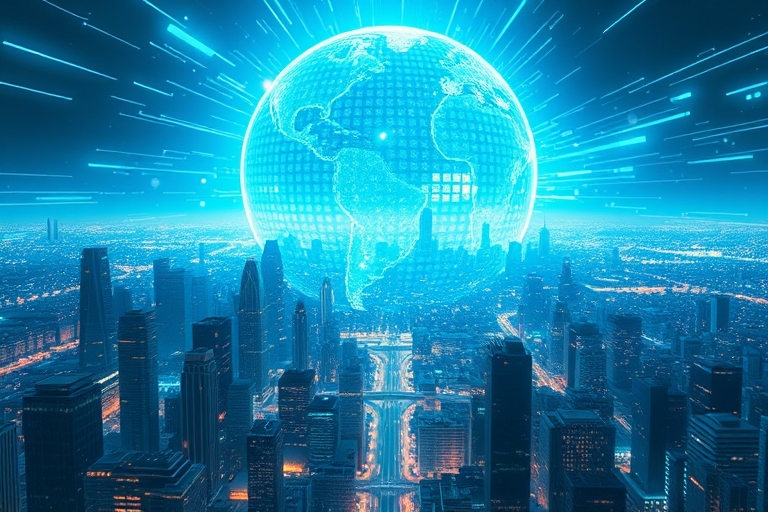 "A futuristic cityscape with a massive digital landscape unfolding from a glowing blue and teal orb, with swirling data streams and abstract light trails radiating outwards, symbolizing the power of l