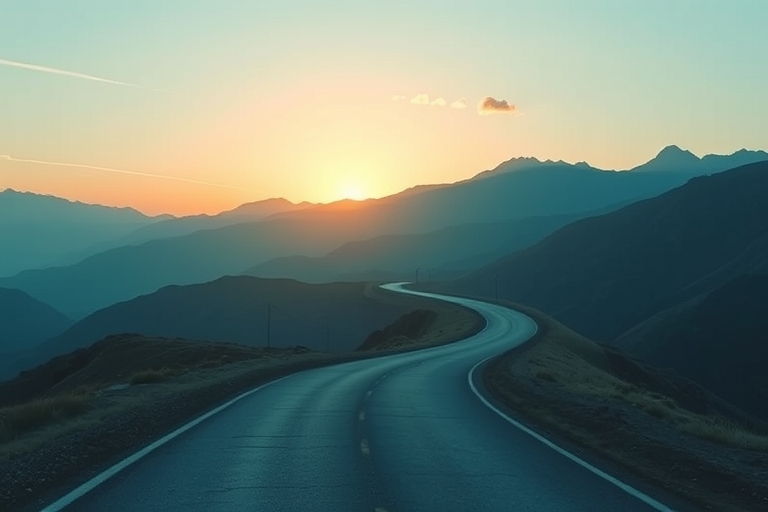 "A winding road disappearing into a mountain range at dawn, with a few wispy clouds in the sky, rendered in a gradient of soothing blues and teals, symbolizing a clear and navigable path through overw