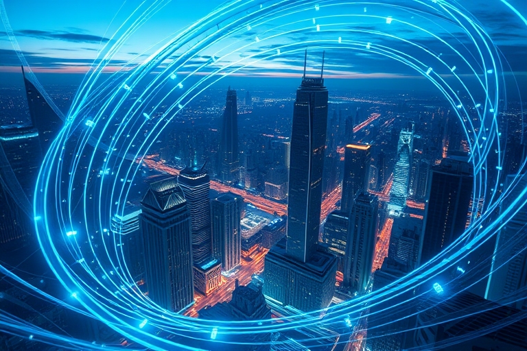 "A futuristic cityscape at dusk, with skyscrapers and data streams flowing from their rooftops, swirling in a mesmerizing blue and teal vortex, surrounded by abstract, glowing lines and shapes that re