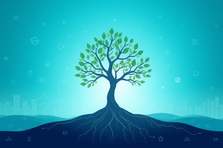 "A stylized, abstract digital landscape of a growing tree with roots and branches symbolizing SEO momentum, set against a gradient blue and teal sky with subtle data visualizations and swirling motion