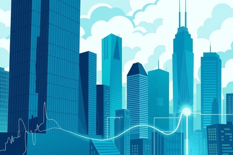 "A stylized, abstract cityscape with skyscrapers and buildings, each representing a keyword, with blue and teal hues, some gaps and cracks in the architecture, with glowing, pulsing lines illustrating
