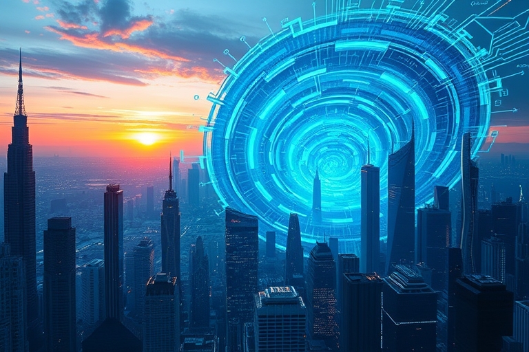 "A futuristic cityscape at sunrise, with skyscrapers and data streams merging into a swirling vortex of blue and teal hues, surrounded by abstract algorithms and neural network visualizations."