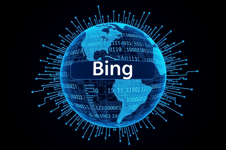 "Bing search engine code crackling with vibrant blue and teal circuitry, abstract data waves and binary code swirling around a stylized globe, set against a dark gradient background."