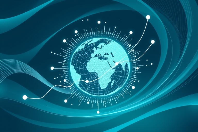 "Abstract digital graph lines and dots radiate from a stylized globe, surrounded by swirling teal and blue curves, with ascending growth metrics and analytics data visualized in a clean, modern infogr