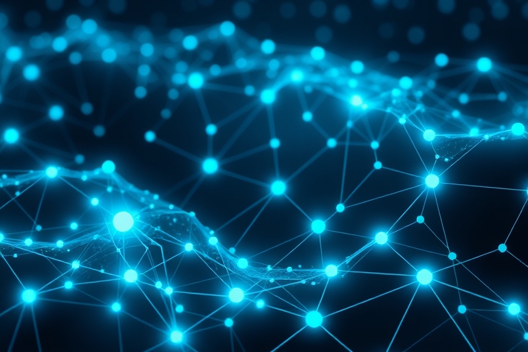 "Infographic illustration of a digital landscape with interconnected nodes and pathways, represented as glowing blue and teal lines and orbs, swirling together to form a harmonious web, symbolizing a 