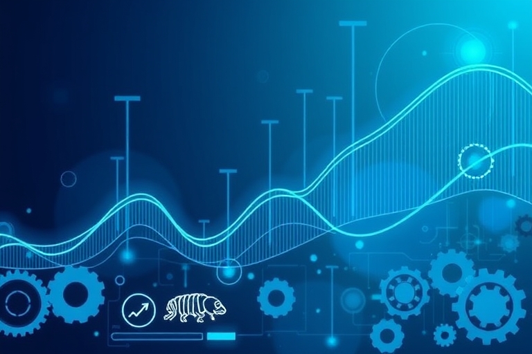 "Blue and teal digital waveform background with ascending lines and circles, illustrating website speed optimization, surrounded by abstract gears and cogs, with search engine crawlers as stylized rob