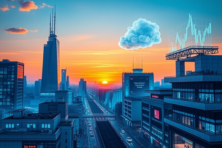 "A futuristic cityscape at sunset with skyscrapers and shopping streets, represented by blue and teal neon lights, with abstract data clouds and charts rising from the rooftops, symbolizing e-commerce