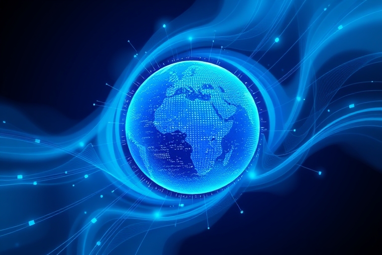 "Vibrant blue and teal abstract data streams swirl and merge into a stylized globe, with glowing pixels and lines radiating from its center, surrounded by subtle gradient patterns and minimalist shape