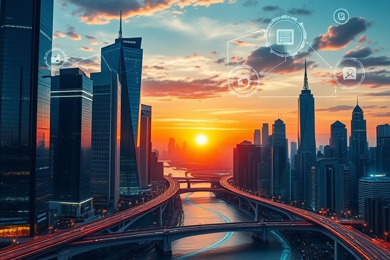 "A futuristic cityscape at sunset, with blue and teal skyscrapers, data streams flowing like rivers, and abstract digital icons representing SEO metrics, such as search rankings, traffic, and conversi