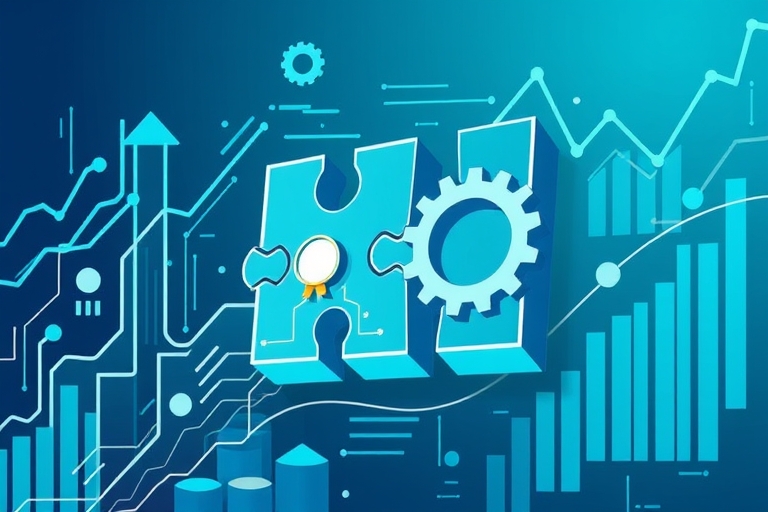 A stylized illustration of a puzzle with gears and cogs turning, surrounded by rising digital lines and abstract data visualizations in shades of blue and teal, with a Google Analytics dashboard icon 