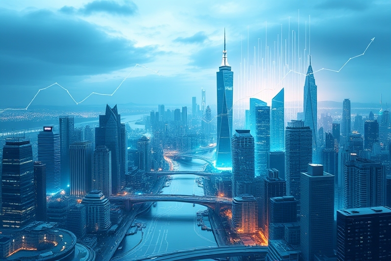 "A futuristic cityscape with skyscrapers and data streams flowing like water, in shades of blue and teal, with abstract data visualizations and glowing graphs rising from the city, symbolizing SEO met