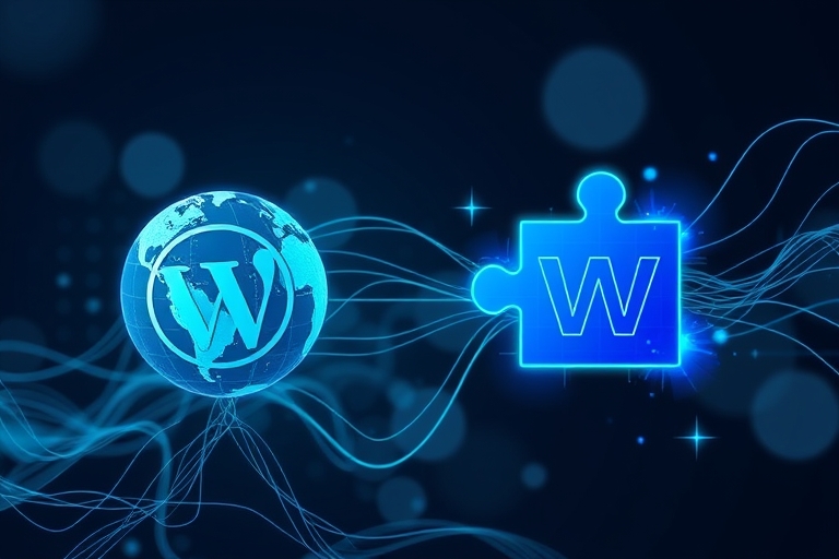 "A website's digital landscape transitions from a WP globe to a Webflow puzzle piece, with trails of blue and teal lines connecting the two, amidst abstract data clouds and swirling lines, symbolizing