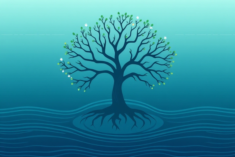 "A stylized illustration of a tree with branches forming a web-like network, surrounded by subtle waves and ripples in a calming blue and teal ocean, with abstract data visualization elements integrat