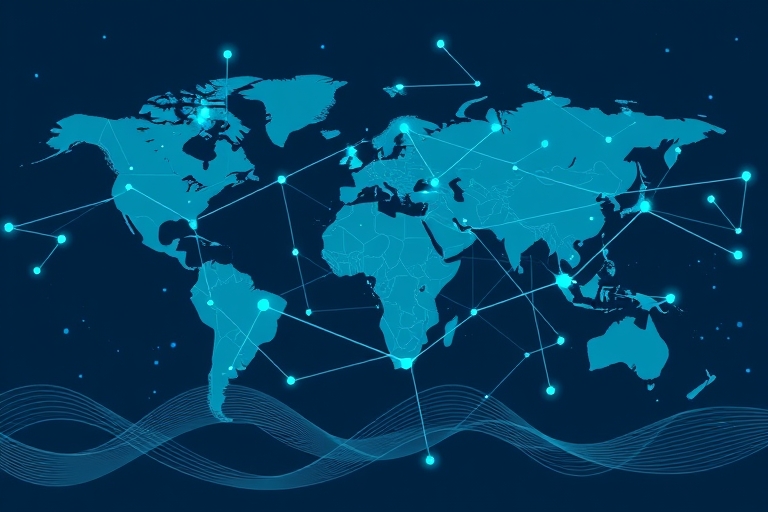 "Global connections forming, a stylized web of interconnected blue and teal nodes and lines, representing international markets, surrounded by abstract waveform patterns and subtle geographic shapes."