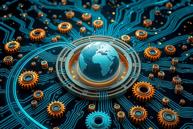 "A digital landscape of interconnected gears and circuits, with a stylized globe at its center, surrounded by swirling blue and teal streams of data, forming a harmonious orbit around a glowing, abstr