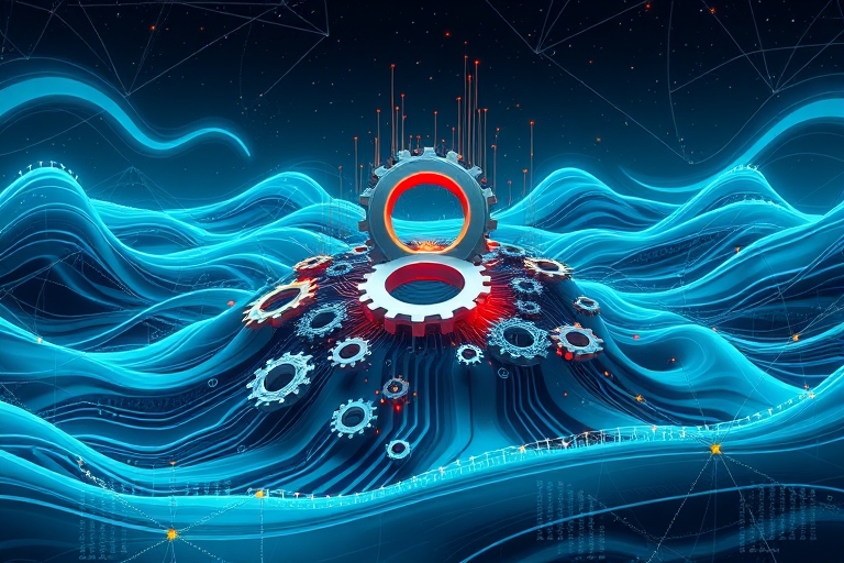 "A perfectly optimized subdomain rises from a digital landscape of interconnected gears and circuit boards, surrounded by swirling blue and teal waves, with abstract lines and shapes representing data