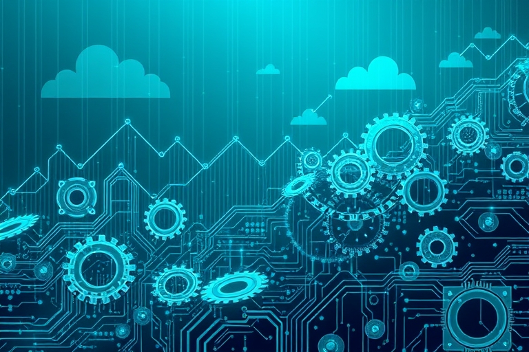 "Serenely ascending lines and pixels merge in a digital mosaic, with interlocking gears and circuits in soothing teal and blue hues, surrounded by stylized abstract data clouds and a subtle gradient b