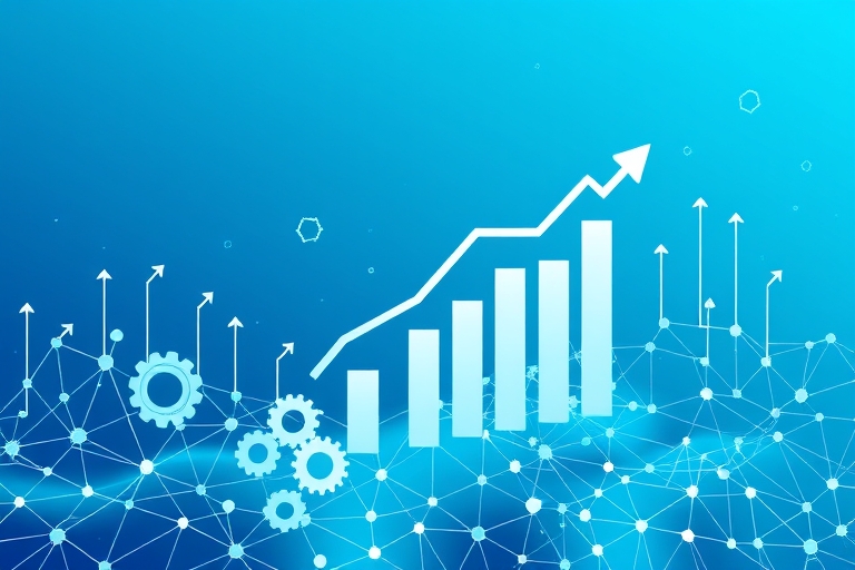 "A stylized, blue and teal digital landscape with interconnected gears and search engine rankings bars rising on a gradient background, surrounded by abstract data nodes and arrows, conveying growth a