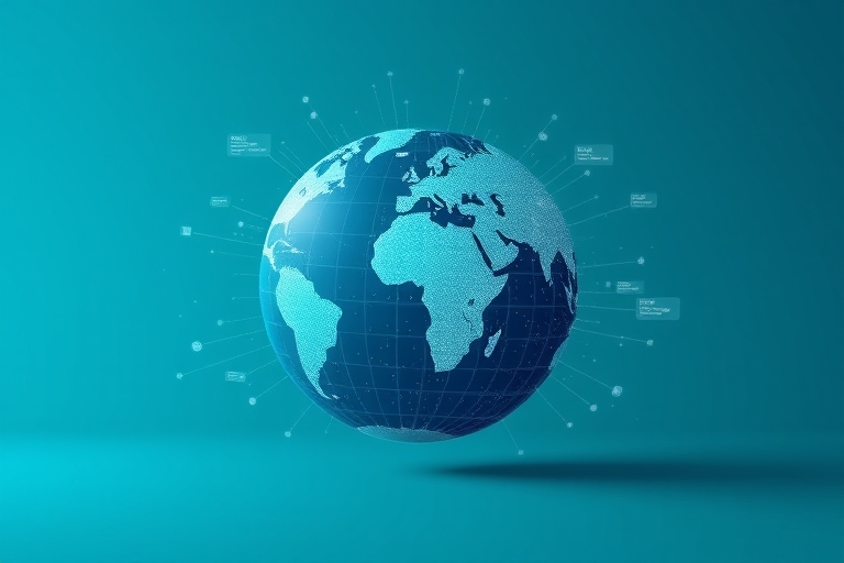 "A globe with a digital map overlay, set against a gradient blue to teal sky, with abstract data visualizations of search engines and online presence emanating from the globe, surrounded by minimal di