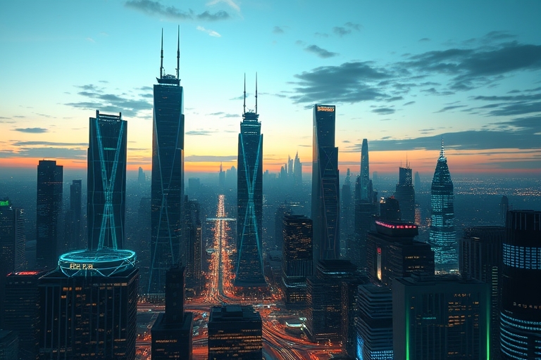 "A futuristic cityscape at dusk, with skyscrapers made of glowing blue and teal circuit boards, surrounded by swirling data streams and abstract code snippets, with a subtle search engine ranking grap