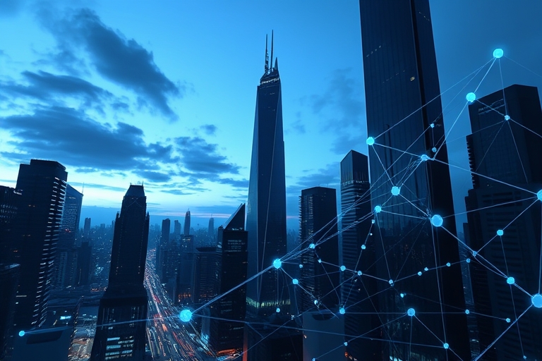 "A futuristic cityscape with sleek skyscrapers at dusk, blue and teal hues dominating the sky, data streams and circuitry patterns forming a dynamic web-like structure connecting the buildings, with a