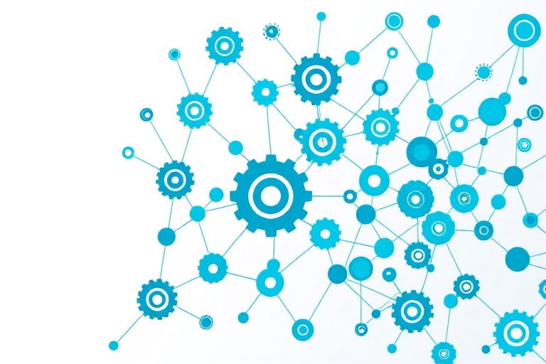 "Optimized backlink profile visualization: a stylized network of interconnected gears, links, and nodes in soothing blue and teal hues, set against a clean white background with subtle gradient effect