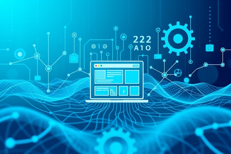 "A digital landscape with a stylized website at its center, surrounded by blue and teal lines and shapes representing search engine algorithms, with abstract data visualizations and gears spinning in 