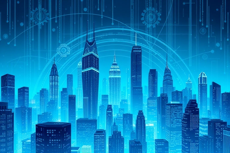 "A futuristic cityscape with algorithmic code swirling through the skyscrapers, amidst a backdrop of vibrant blue and teal hues, with data visualizations resembling circuit boards and gears, radiating