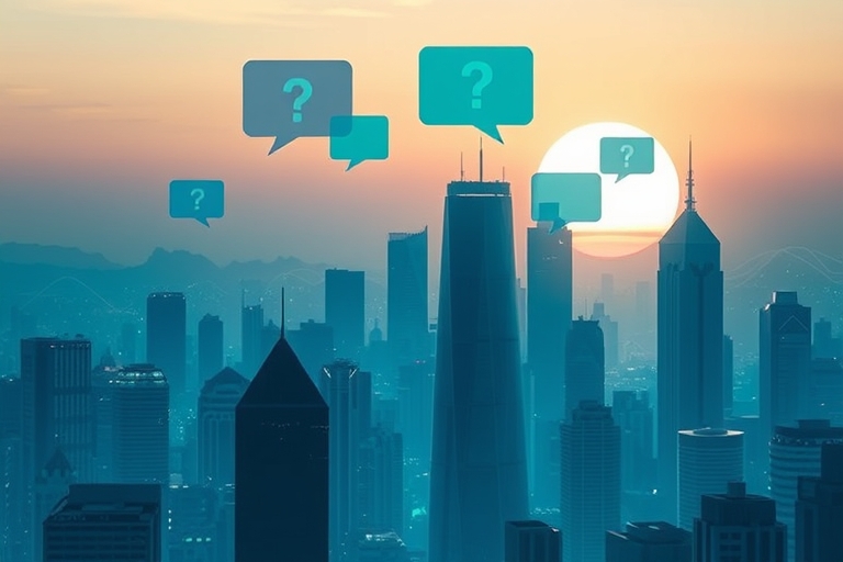 "A futuristic cityscape at sunset with abstract speech bubbles and question marks floating above sleek skyscrapers, surrounded by a soft blue and teal glow, with subtle waveform patterns and data visu