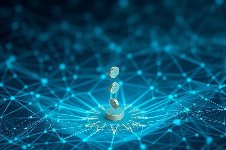 "A digital landscape of interconnected nodes and threads in shades of blue and teal, with a subtle gradient of karma tokens rising from the ground, forming a spiral shape, surrounded by abstract data 